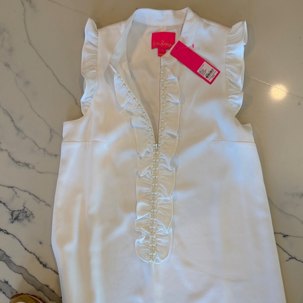 Lilly Pulitzer White Ruffle-Front Mini Dress with Pink Trim - Picture 6 of 6